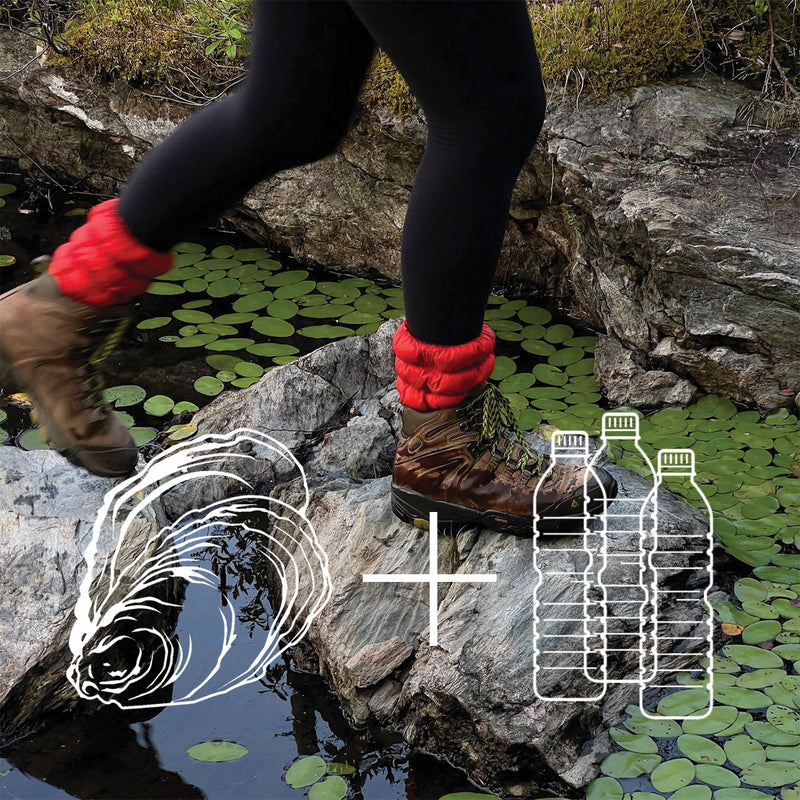 Person wearing hiking boots and Very Vermillion Hikas walking across boulders over a pond with green leaves covering the surface. Overlaid on the image is an illustration of an oyster plus three plastic water bottles.