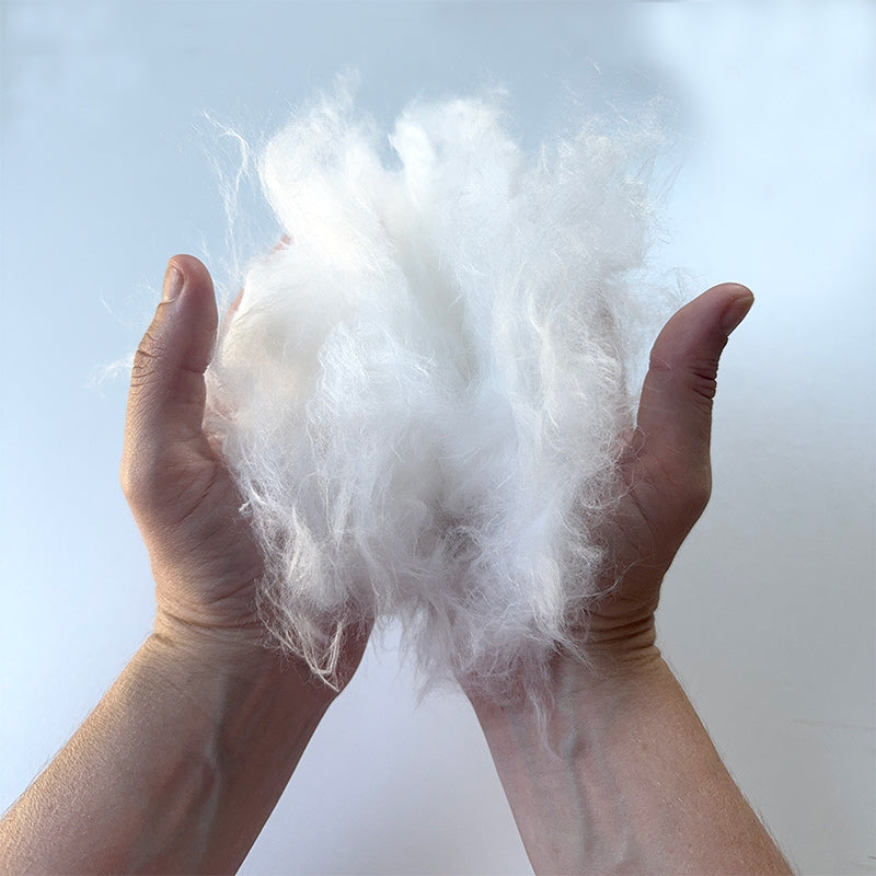 Hands cupped together holding a fluffy pile of goose-free down-like insulation made with recycled PET and oyster shells. 