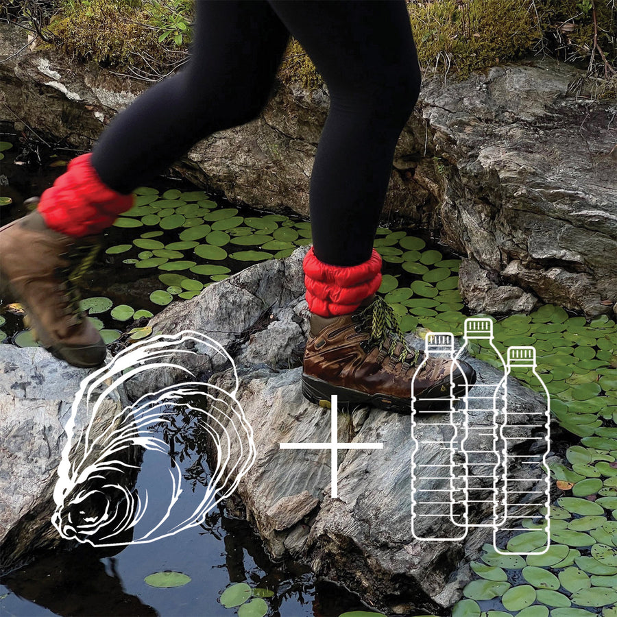 Person wearing hiking boots and Very Vermillion Hikas walking across boulders over a pond with green leaves covering the surface. Overlaid on the image is an illustration of an oyster plus three plastic water bottles. 