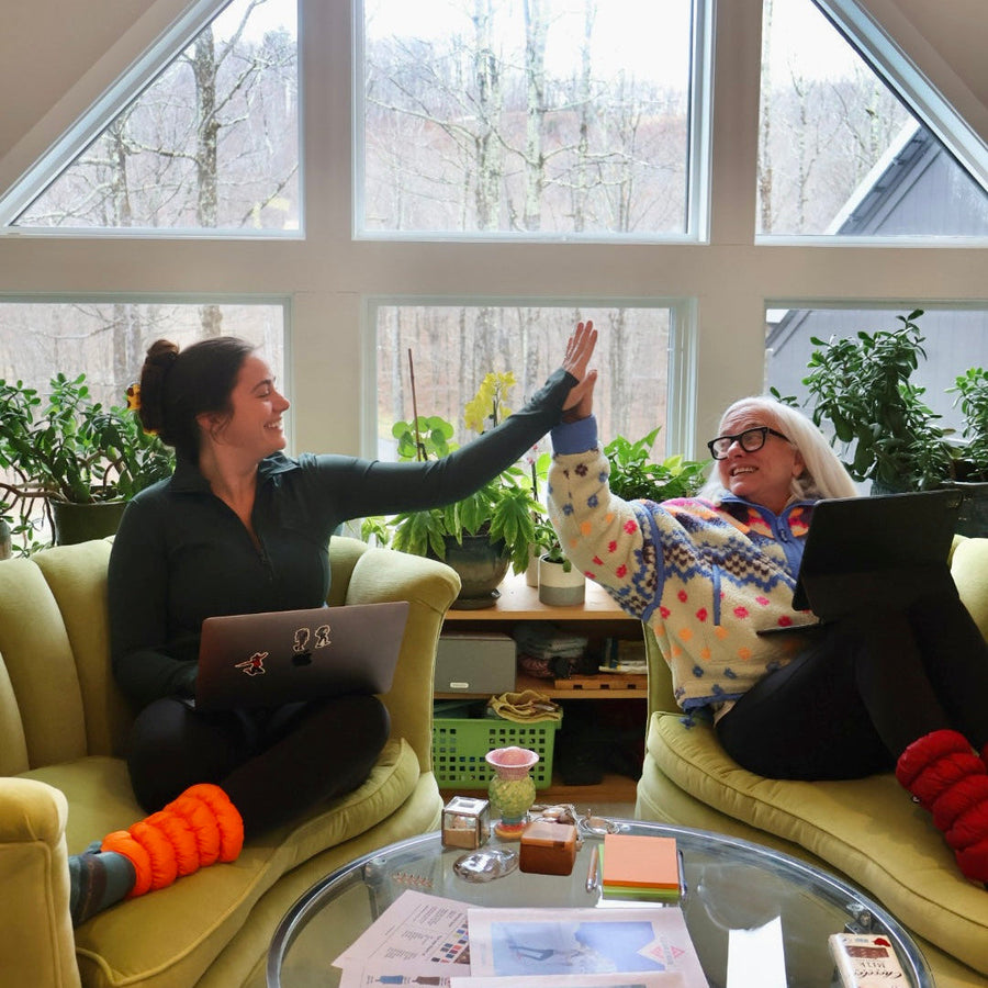 Two women sitting in yellow-green armchairs inside a bright studio room with large windows, high-angle view of trees, and a chandelier, high-fiving while working on laptops. One wears a black top and black leggings with bright orange Hikas, and the other wears a multicolor knit sweater, black leggings, and red Hikas.
