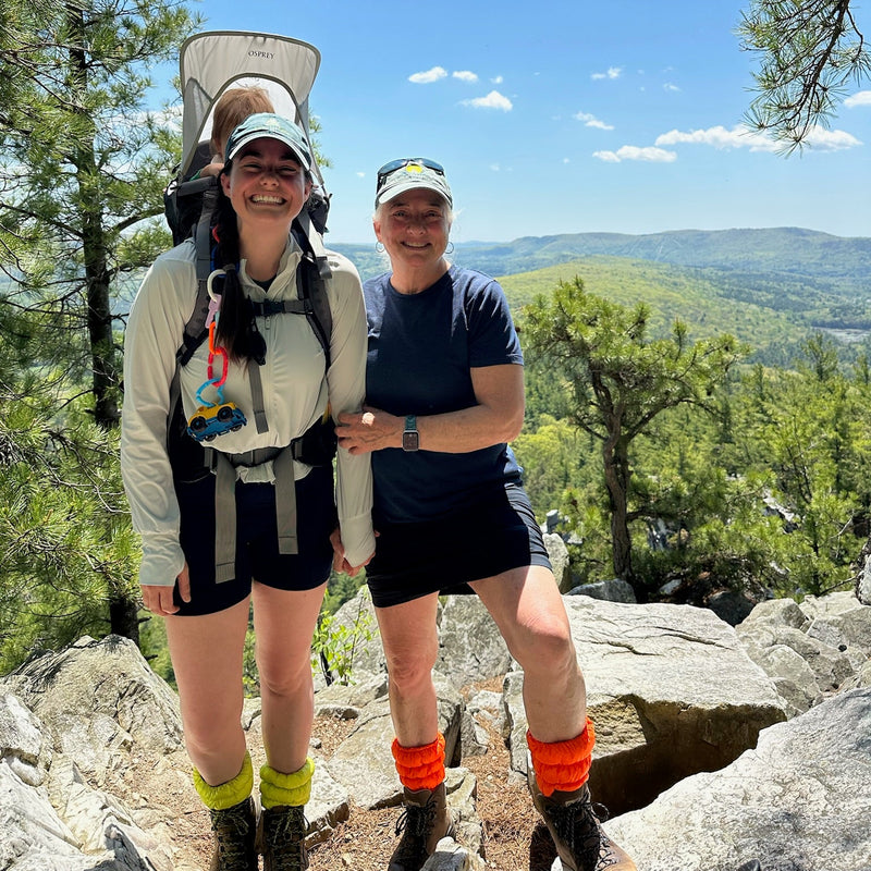 Jody and Amy, makers of Hikas, wear Hikas at the top of Monument Mountain in Great Barrington MA (Berkshires). 